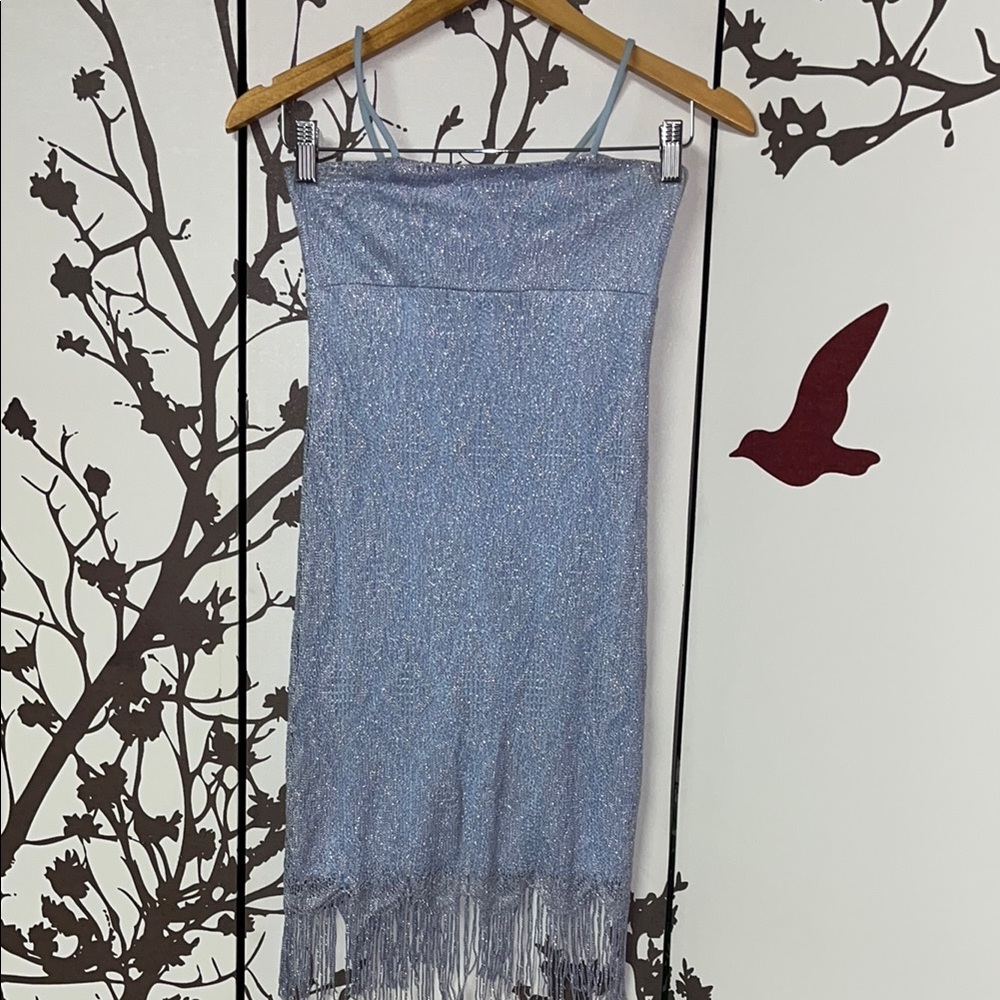 Silver-Blue Fringe Slip Dress